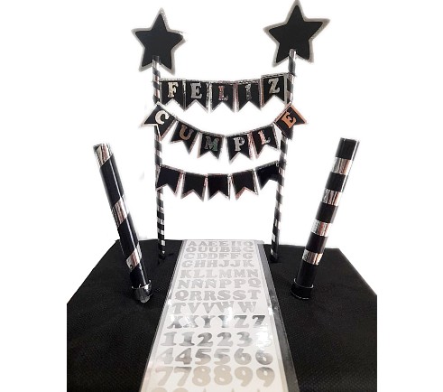 SET MINI BANDERINES F/C PERSONALIZADO NEGRO Y PLATA 2 BENGALAS Y STICKERS LETRAS Y NUMEROS X 1